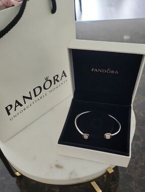 Pandora Silver Open Bangle Bracelet with Sparkling Ends - Silver